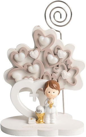 Albero della vita decorato con cuori tortora e bianco bomboniera comunione bambino Harmony RSCM25095