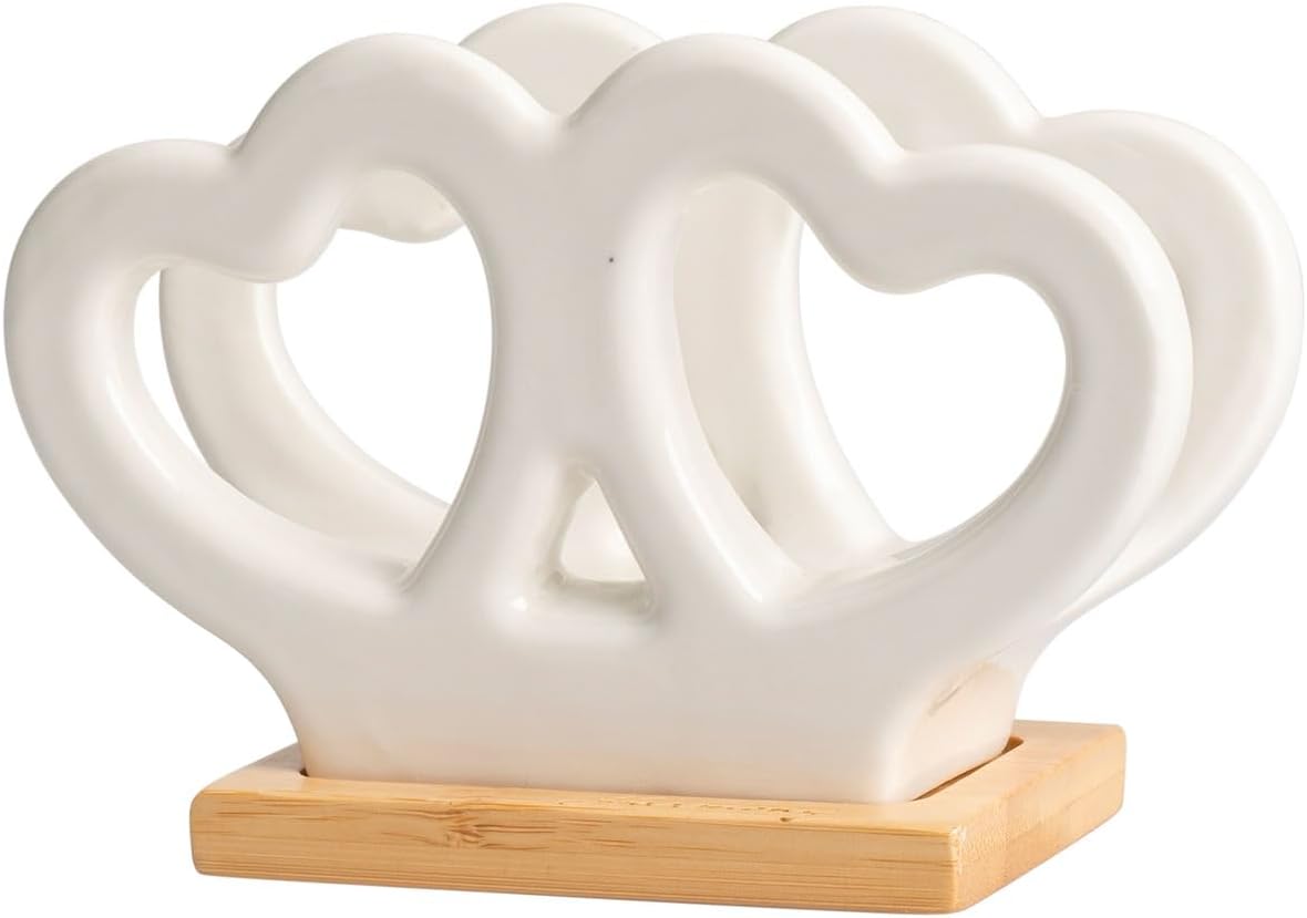 Porta tovaglioli con cuori traforati in porcellana e base in bambù bomboniera per matrimonio, regalo Harmony