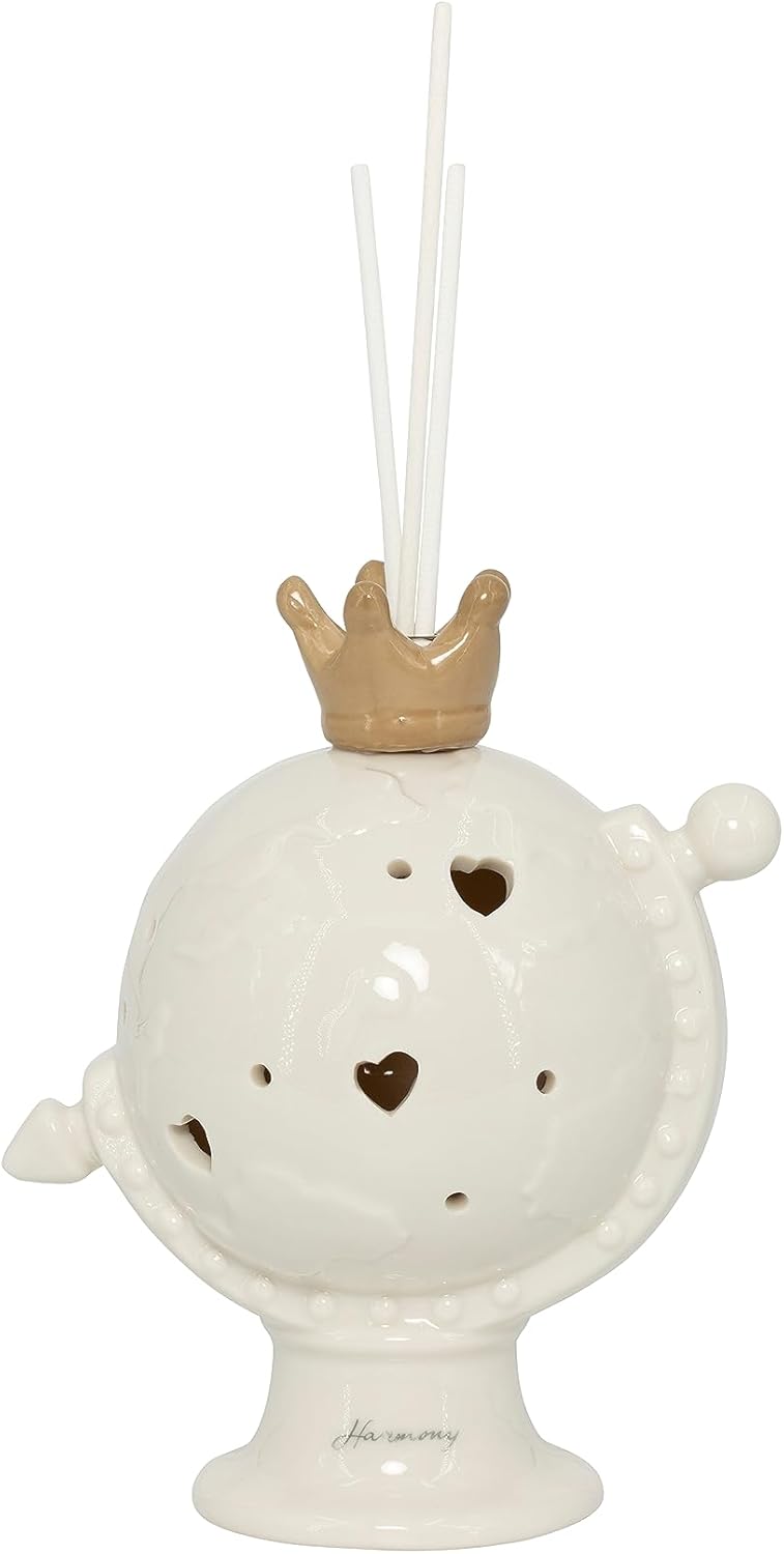 Bomboniera matrimonio profumatore con bastoncini e led mappamondo in porcellana bianco e tortora harmony PRMT23042