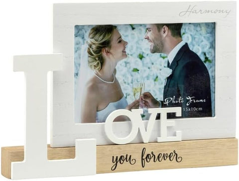 Bomboniera matrimonio portafoto in legno e bianco decorato con scritta harmony ARMT24020