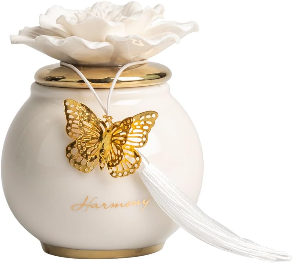 Scatola tonda piccola  con fiore e candela profumata decorata con farfalla bomboniera per comunione, cresima, matrimonio Harmony PRMT25055