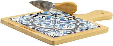 Bomboniera matrimonio tagliere in legno e porcellana con decorazione maioliche blu e bianco harmony PRMT24149