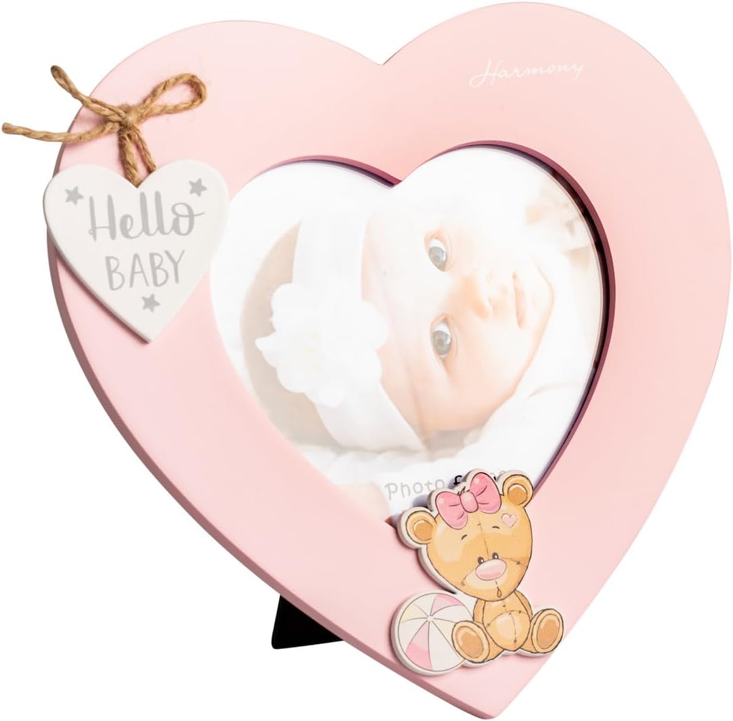 Porta Foto in Legno Cuore con orsetto bomboniera Battesimo e Nascita Bambina Harmony ARNB25218