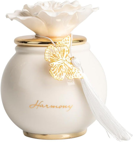 Scatola media tonda con fiore e candela profumata decorata con farfalla bomboniera per comunione, cresima, matrimonio Harmony PRMT25063