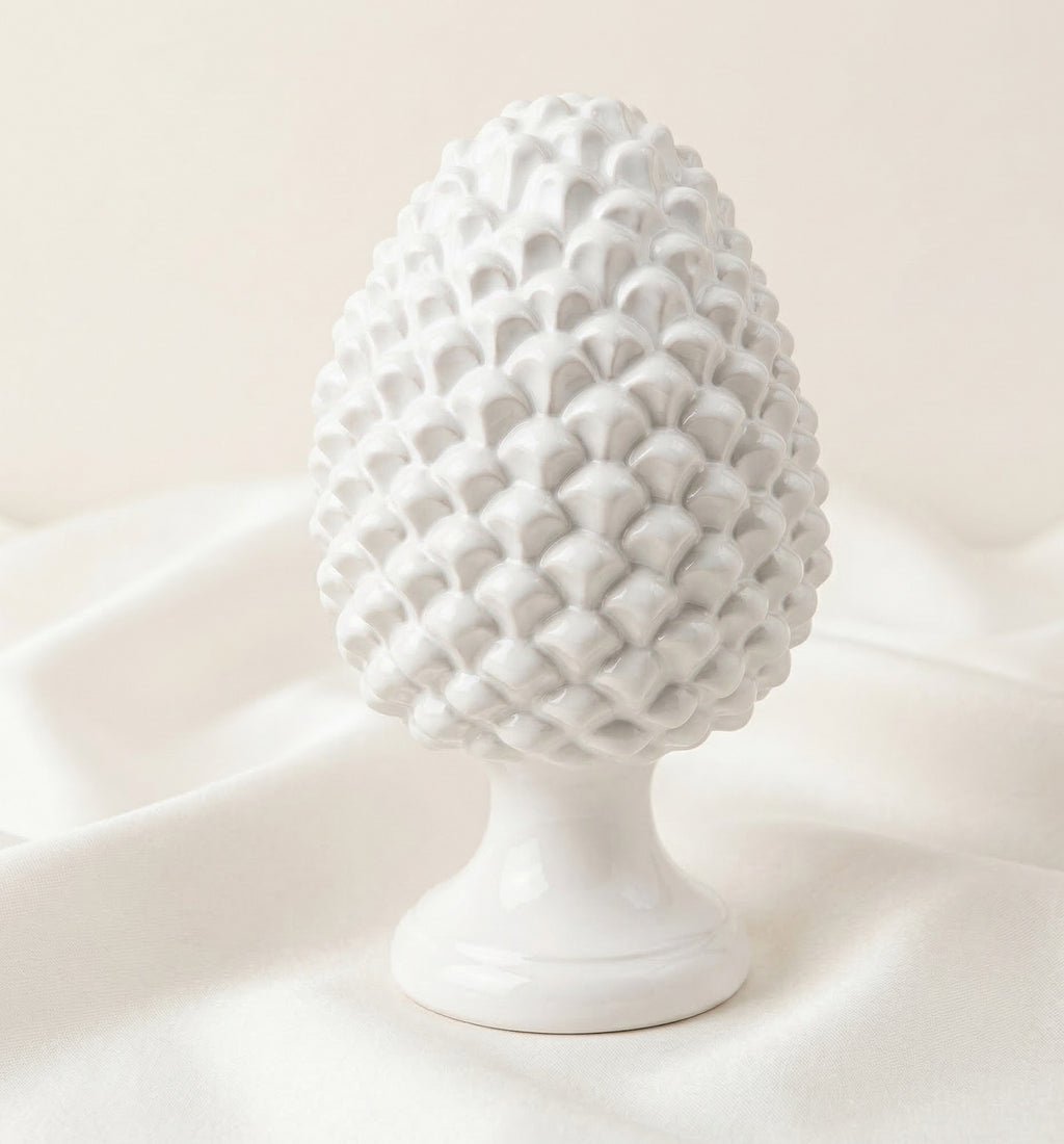 Modern ceramic pine cone handcrafted and decorated white gdm art 21001PW 