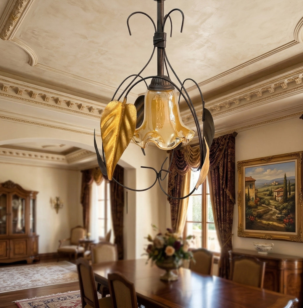 Lampadario a Sospensione ingresso 1 Luce in ferro battuto e vetro, per Cucina, Bagno, Camera, Soggiorno, Scala, Corridoio art. sole