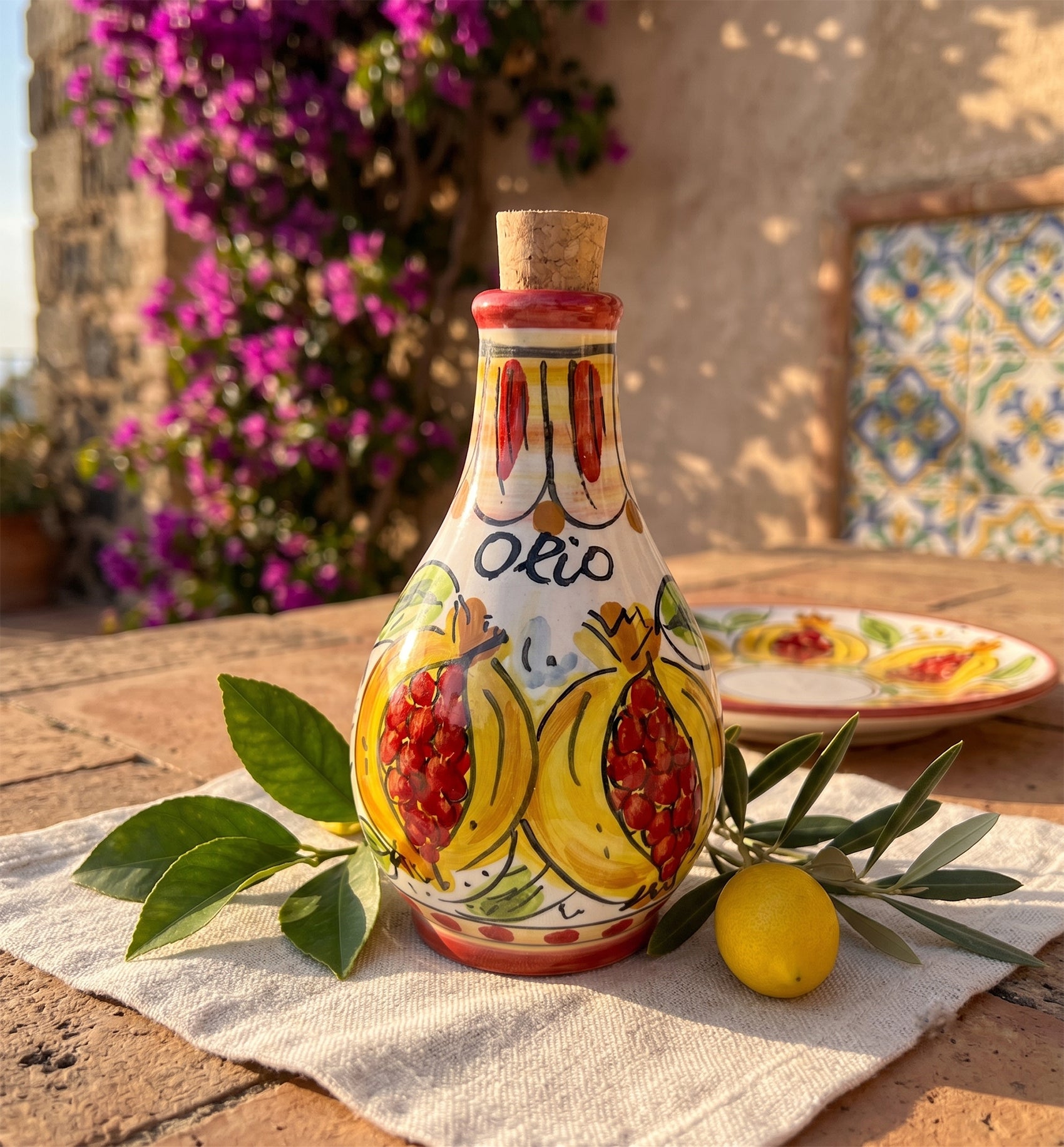 Oliera in ceramica siciliana di Caltagirone decorata a mano tappo in sughero