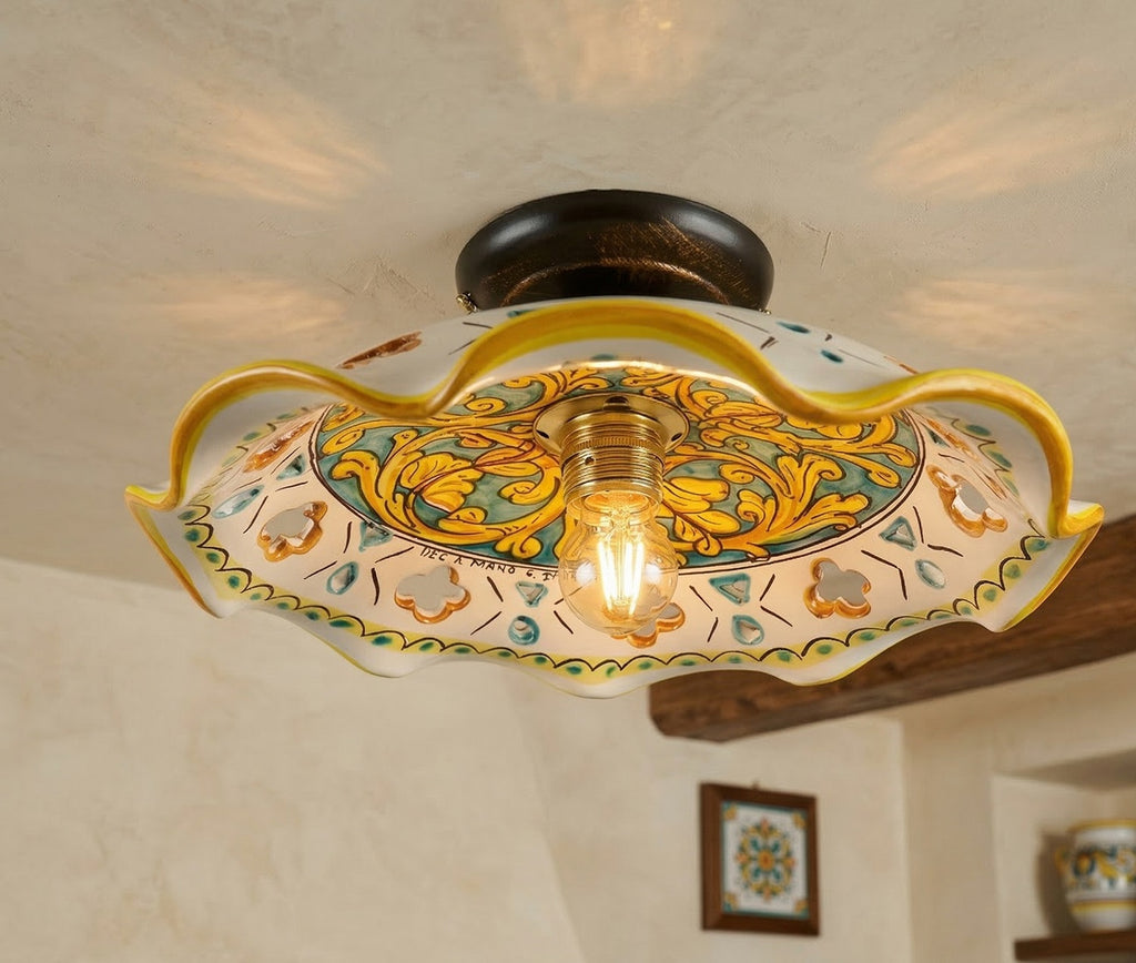 Plafoniera Spot da Soffitto, 1 Luce, Ferro Battuto e Ceramica Siciliana, Cucina, Bagno e Veranda art. martina