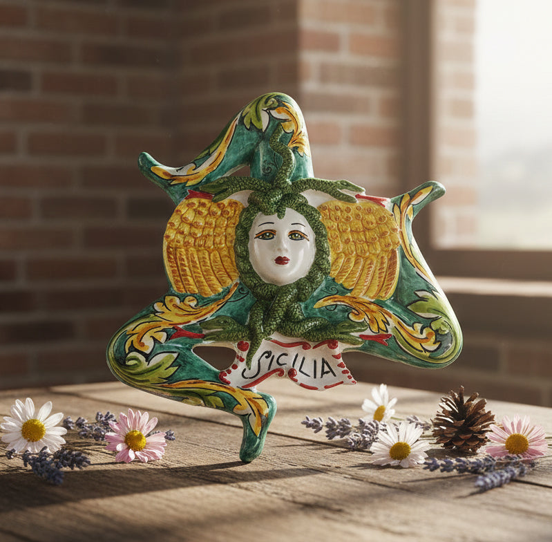 Sicilian Trinacria in Caltagirone ceramic made and decorated by hand D25cm 