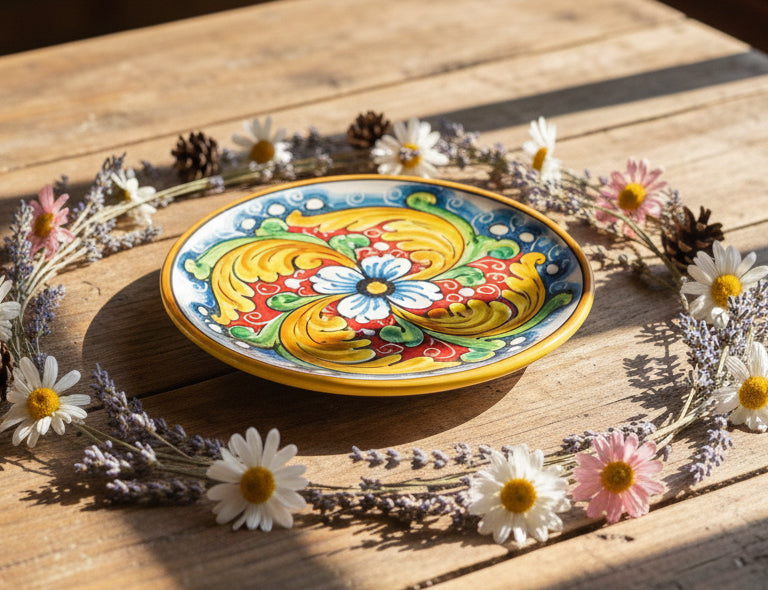Piatto piccolo in ceramica decorata a mano da ceramisti siciliani fiore rosso art 14