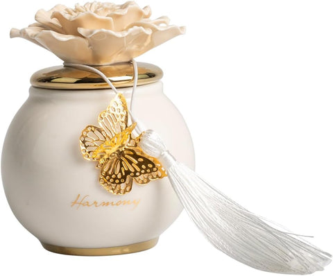Scatola piccola tonda con fiore e candela profumata decorata con farfalla bomboniera per comunione, cresima, matrimonio Harmony PRMT25057