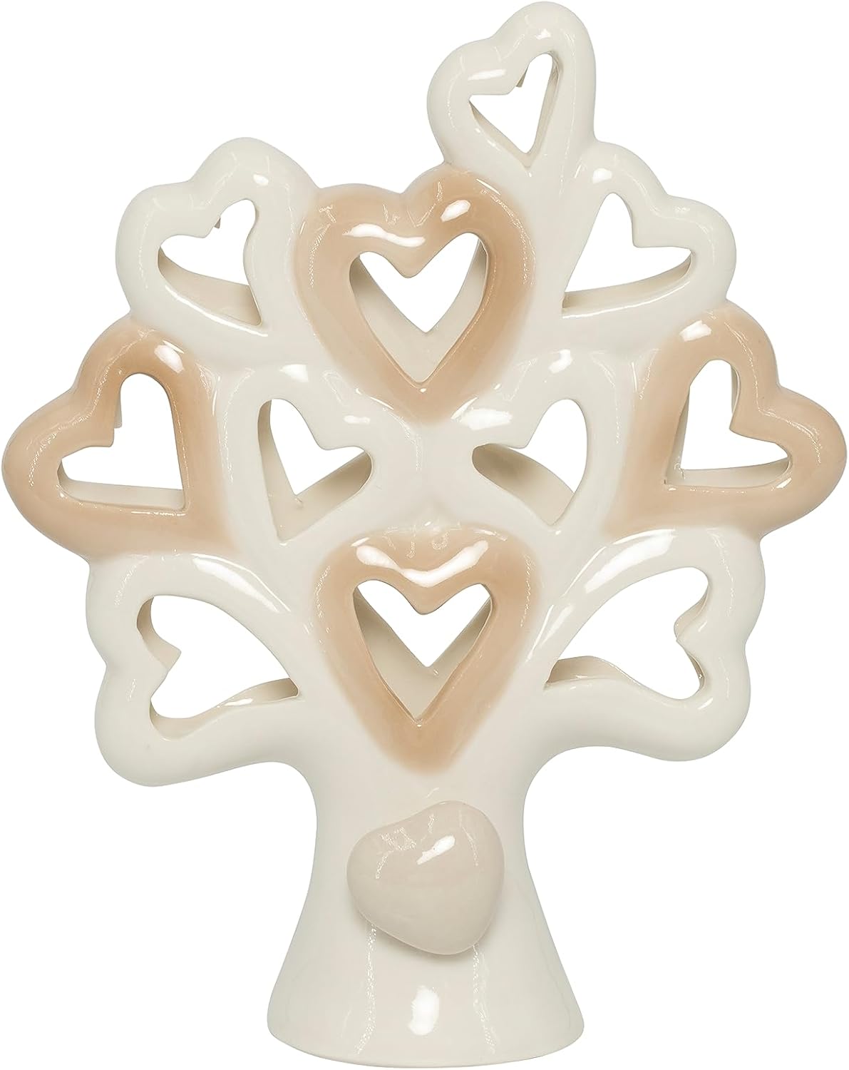 Bomboniera matrimonio con led albero della vita in porcellana decorato con cuori bianco e tortora harmony PRMT23004