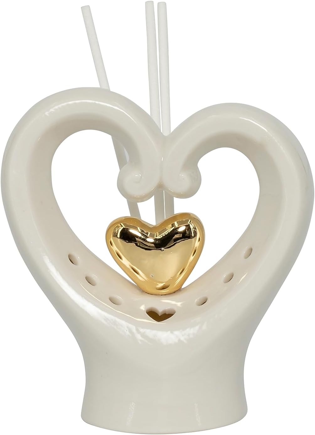 Bomboniera matrimonio profumatore con bastoncini cuore in porcellana decorato bianco e oro harmony PRMT23041