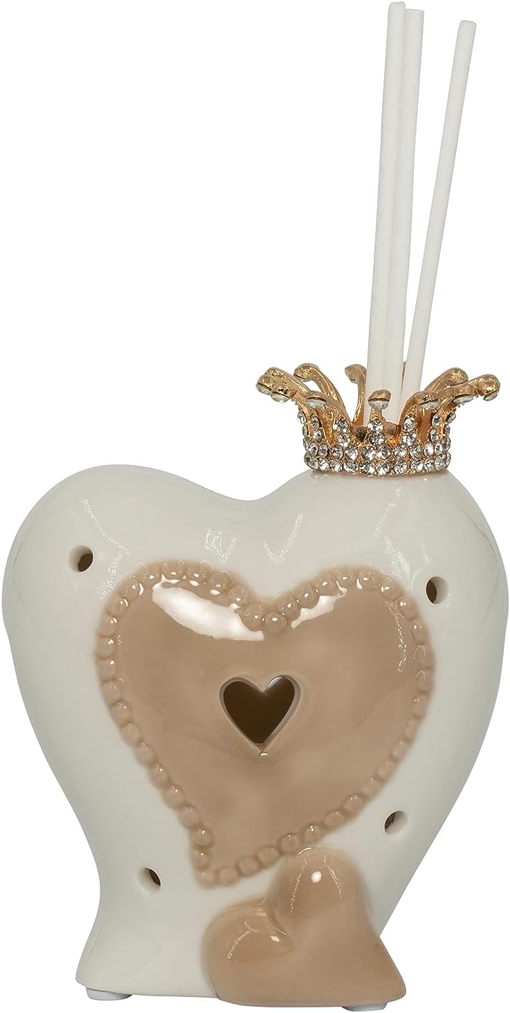 Bomboniera matrimonio profumatore con bastoncini e led cuore in porcellana bianco e tortora harmony PRMT23023