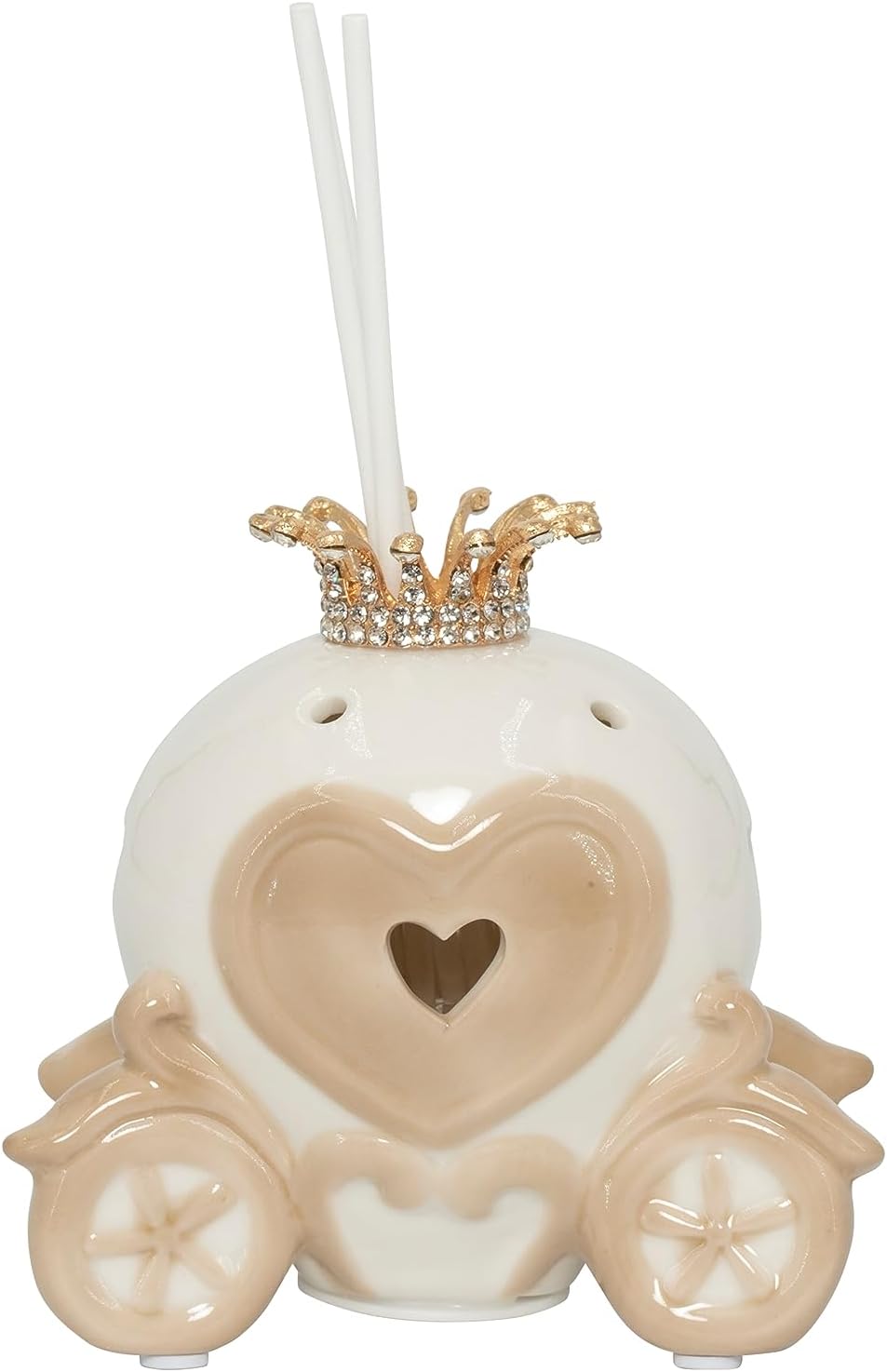 Bomboniera matrimonio profumatore con bastoncini e led carrozza in porcellana bianco e tortora harmony PRMT23022