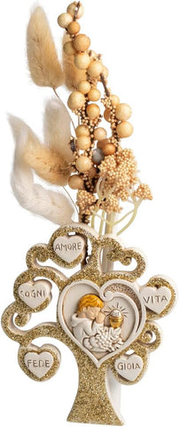 Profumatore albero della vita decorato con cuori e glitter oro per comunione bambino Harmony RSCM25039