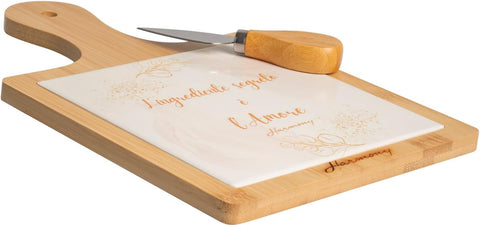 Tagliere in legno e porcellana con decoro floreale e coltellino bomboniera per matrimonio, ricorrenze, regalo, Harmony PRMT24225