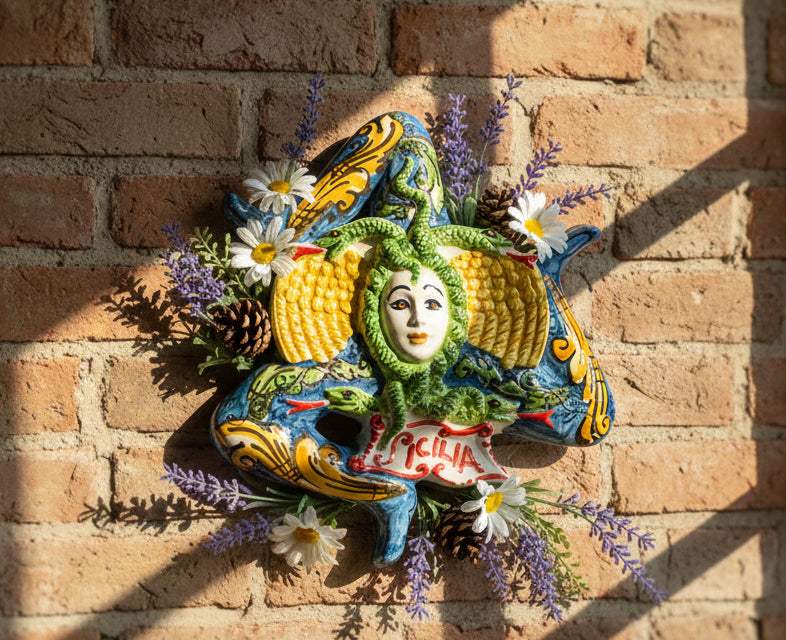 Trinacria siciliana in ceramica di Caltagirone realizzata e decorata a mano D 18 cm