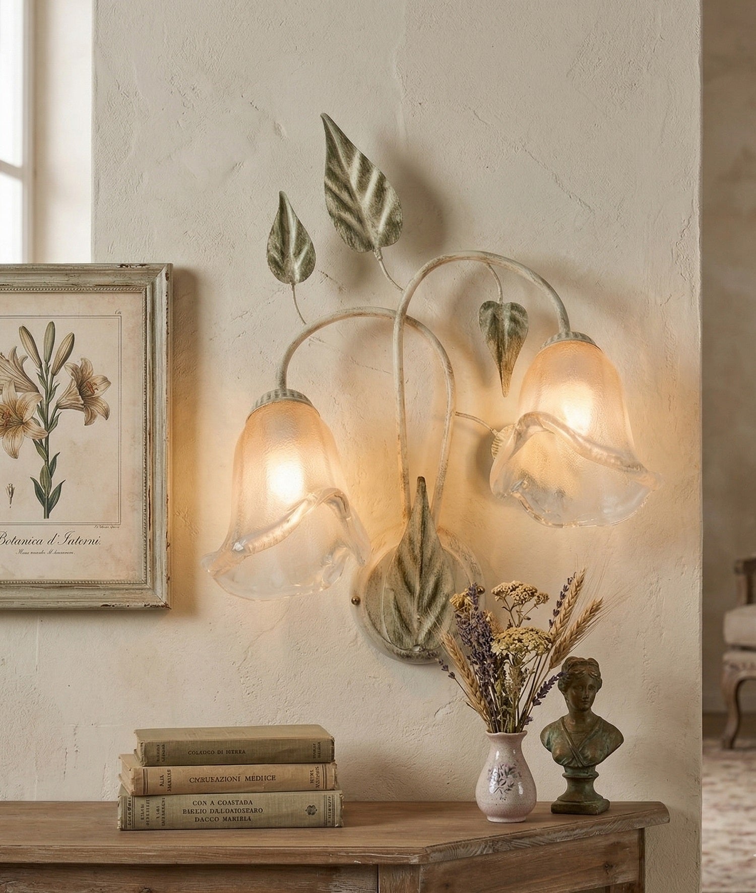 Applique da parete a 2 luci in ferro battuto e vetro realizzato artigianalmente coll. steven