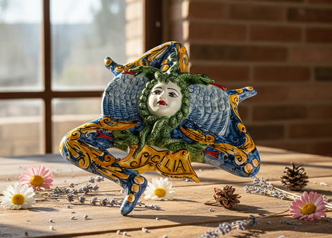 Trinacria siciliana in ceramica di Caltagirone realizzata e decorata a mano D 28 cm