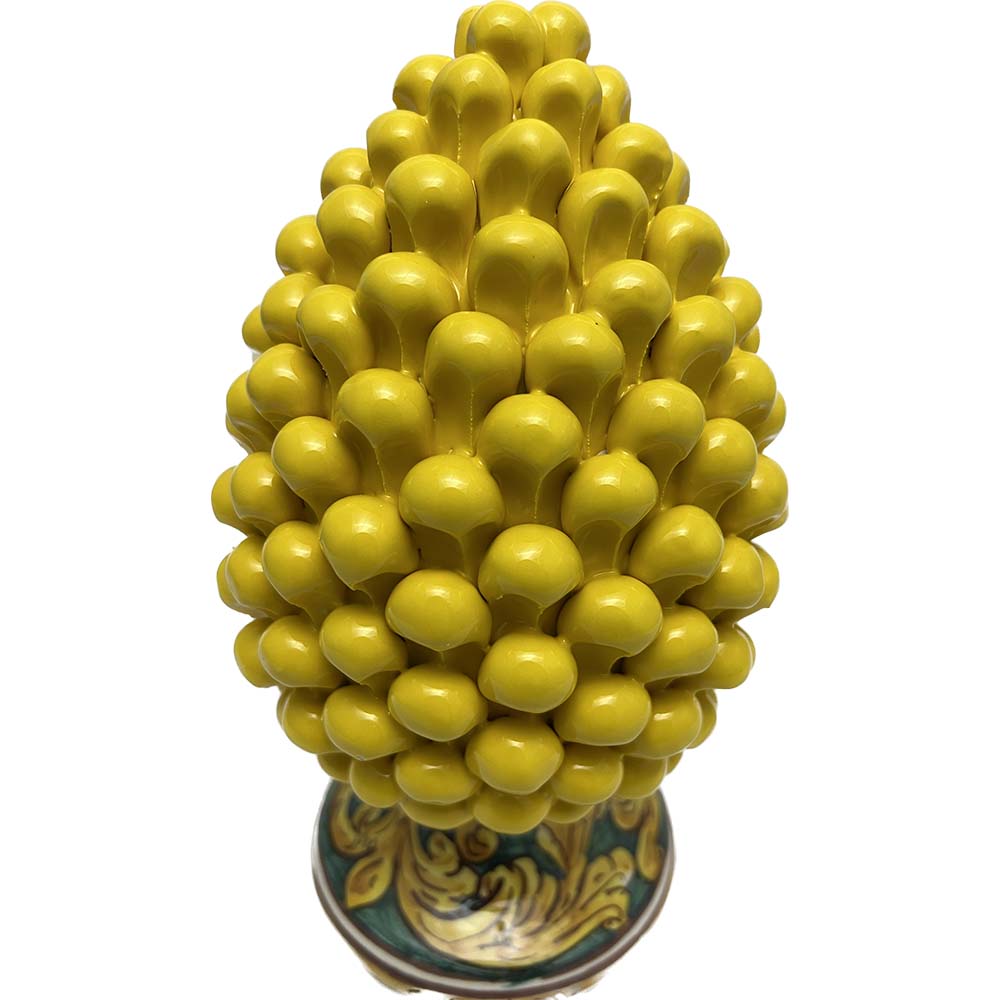 Pigna decorativa in ceramica di Caltagirone dipinta e decorata a mano giallo H 25 cm