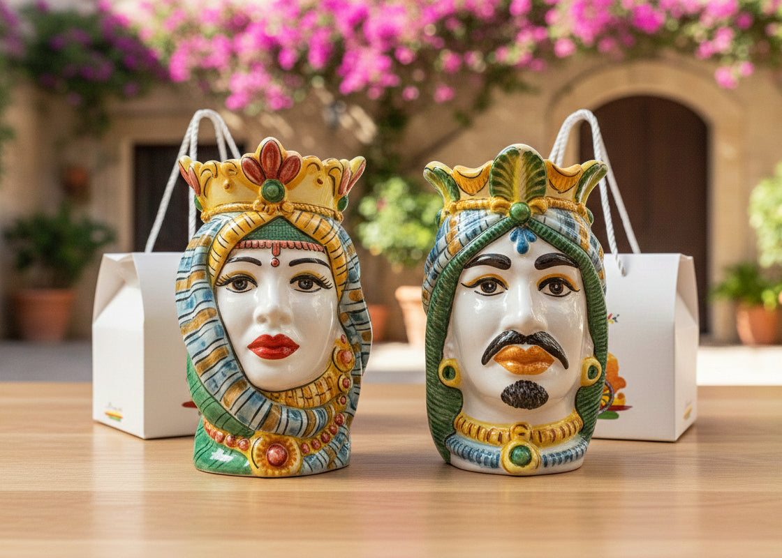 Pair of colored Arab Moorish heads in Nicaragua ceramic with case art. 809,808