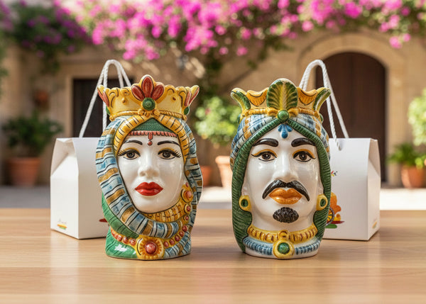 Pair of colored Arab Moorish heads in Nicaragua ceramic with case art. 809,808