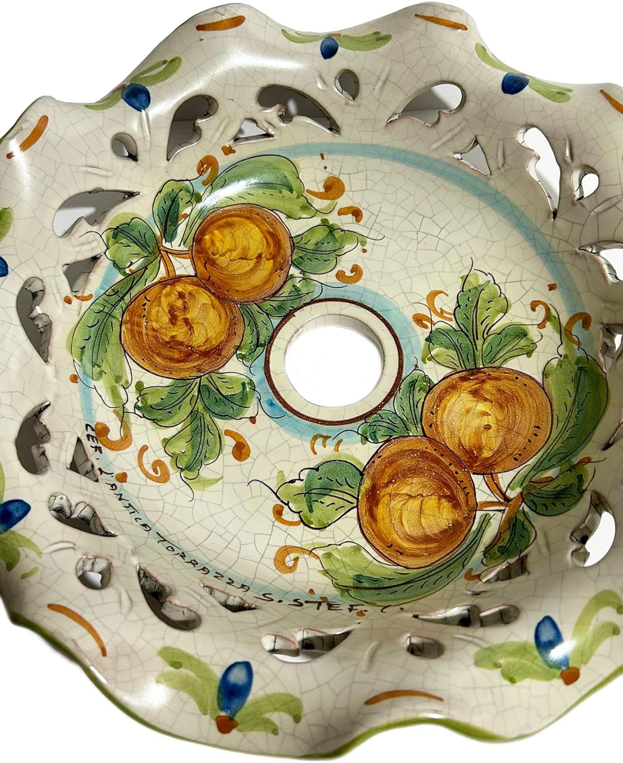 Piatto in ceramica ricambio per lampadario firmato e decorato a mano dai maestri ceramisti di santo stefano di camastra art. limoni antic