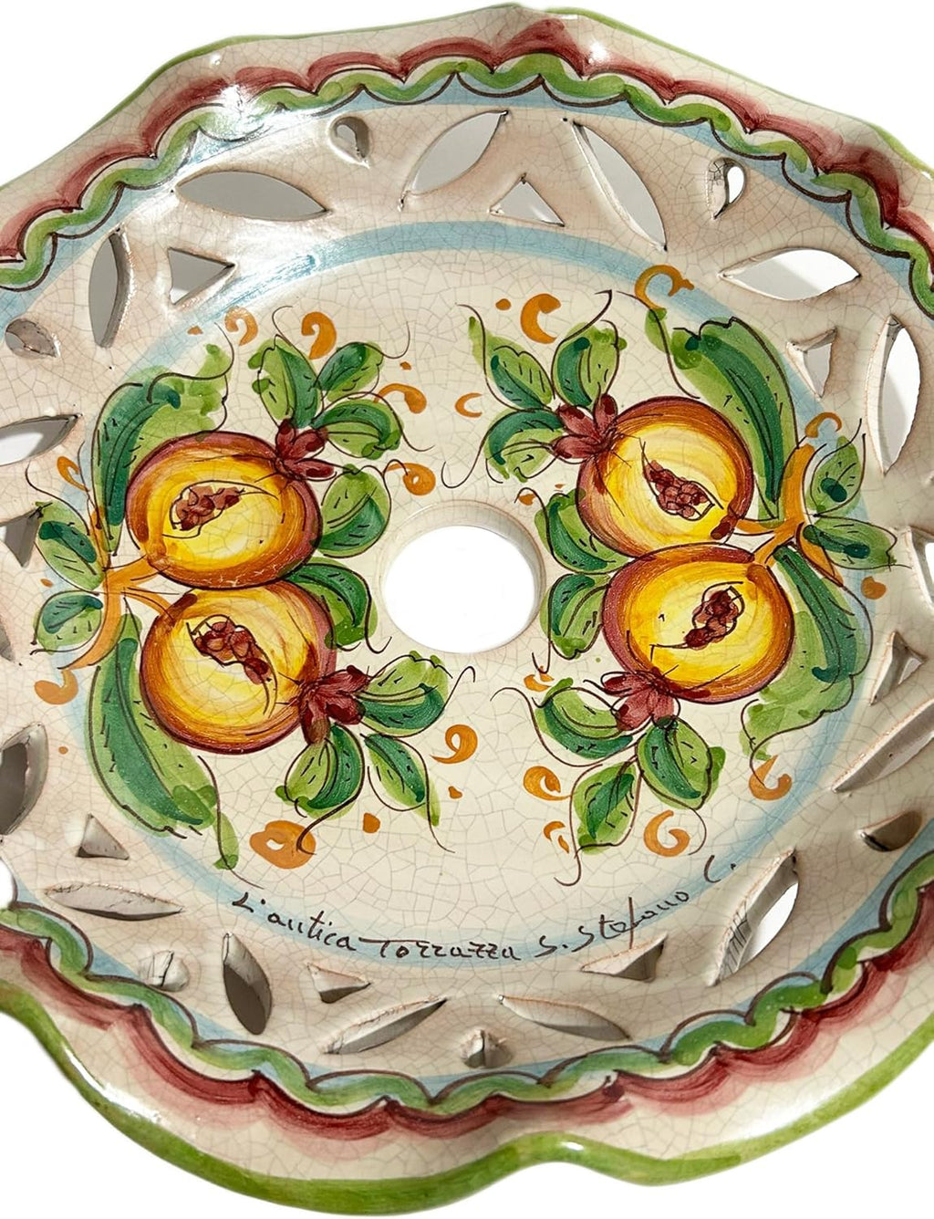 Piatto in ceramica ricambio per lampadario firmato e decorato a mano dai maestri ceramisti di santo stefano di camastra art. melograno antic