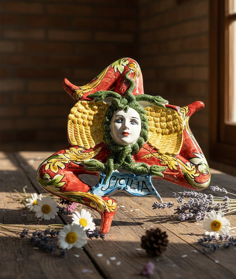 Sicilian Trinacria in Caltagirone ceramic made and decorated by hand D25cm 