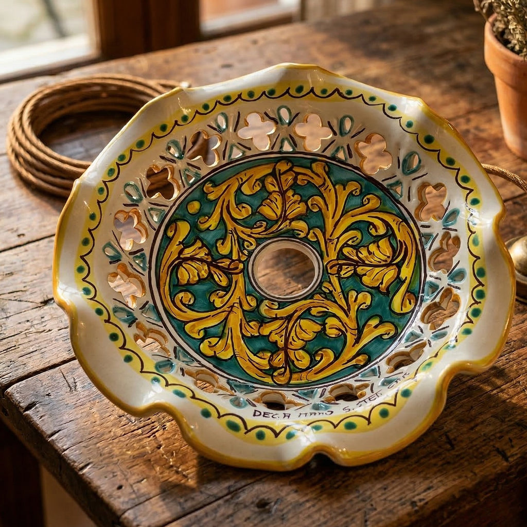 Piatto in ceramica per lampadario decorato realizzato e firmato a mano sospensione art. martina