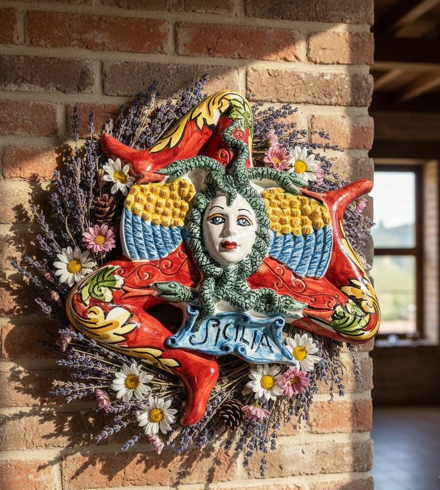 Trinacria siciliana in ceramica di Caltagirone realizzata e decorata a mano D 18 cm