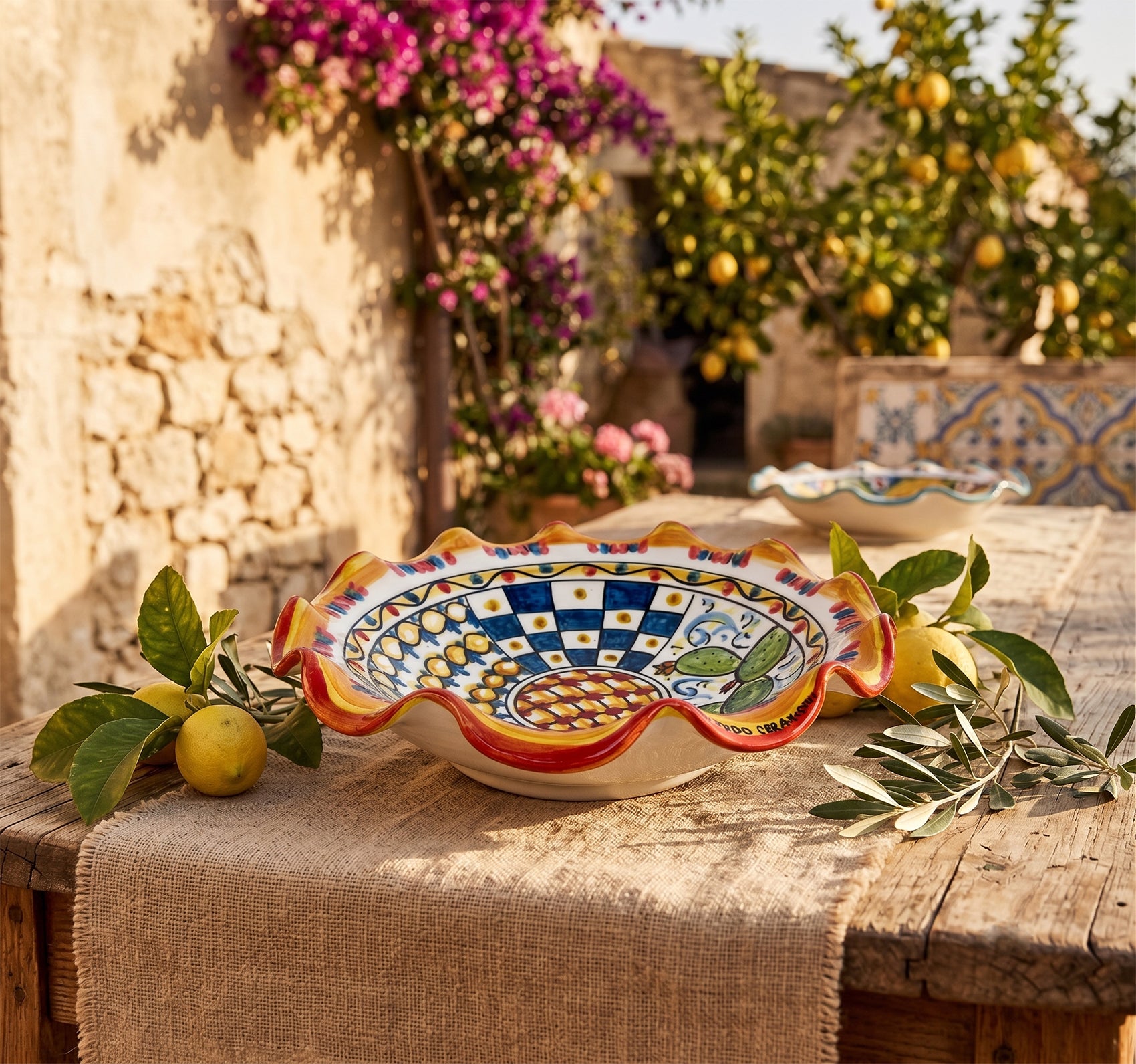Centrotavola ciotola in ceramica siciliana di Caltagirone decorata a mano art 25