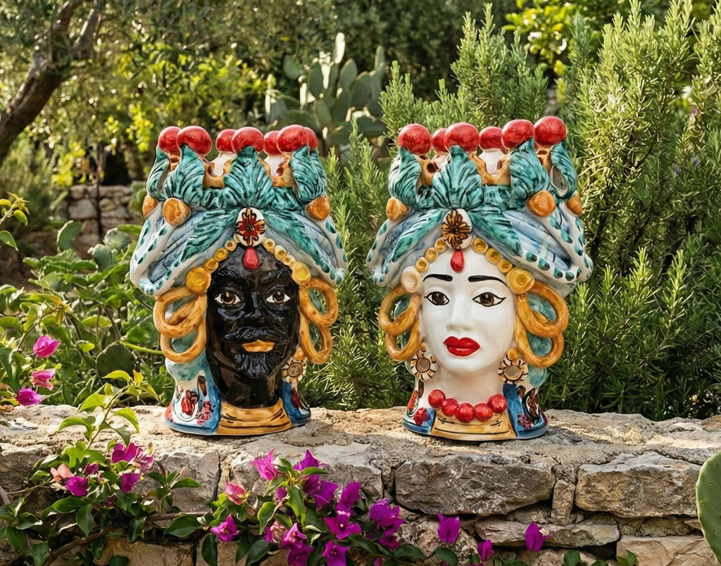Pair of Sicilian ceramic Moor's heads from Caltagirone h20cm art. Cerchi 