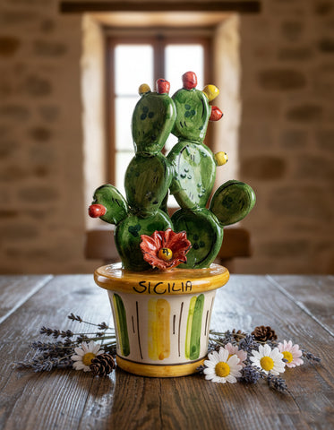 Piantina vaso ficodindia decorativo in ceramica di Caltagione realizzato a mano (ARANCIO)