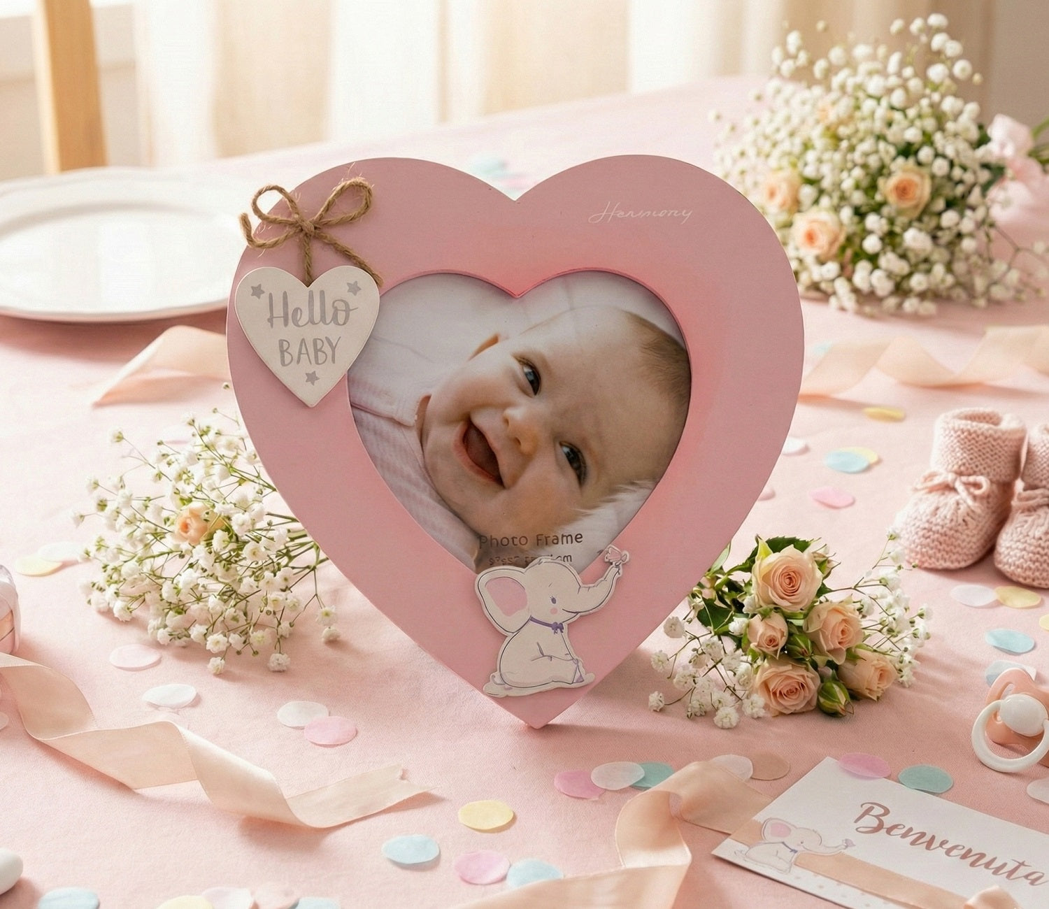 Porta foto in legno cuore con elefante bomboniera battesimo e nascita bambina Harmony ARNB25216