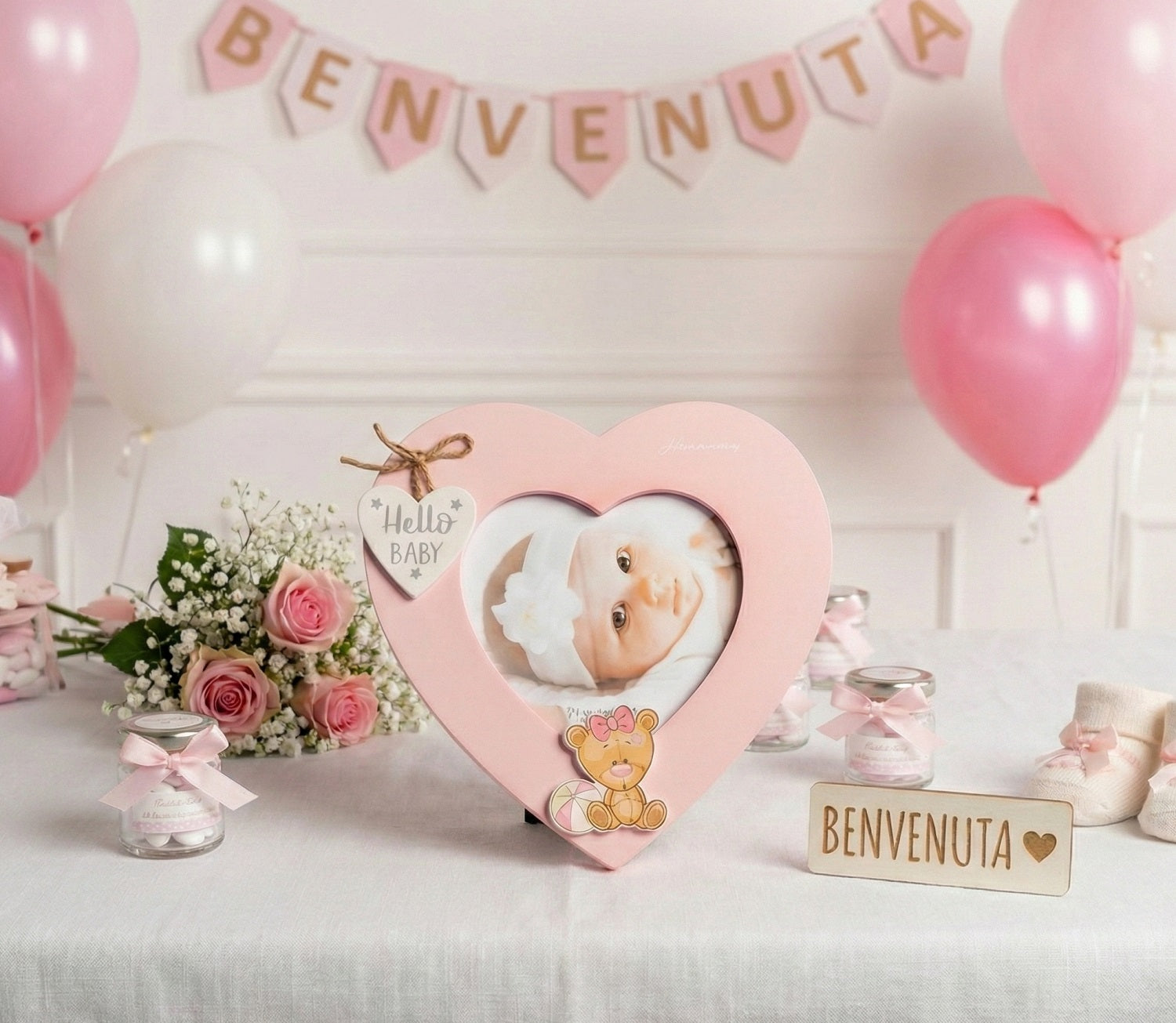 Porta Foto in Legno Cuore con orsetto bomboniera Battesimo e Nascita Bambina Harmony ARNB25218