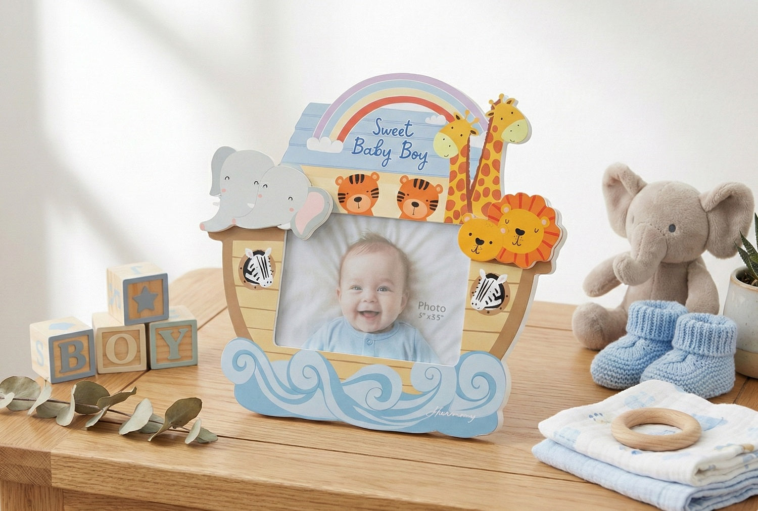 Porta foto in legno arca di noè bomboniera per nascita, battesimo, Harmony ARNB26049