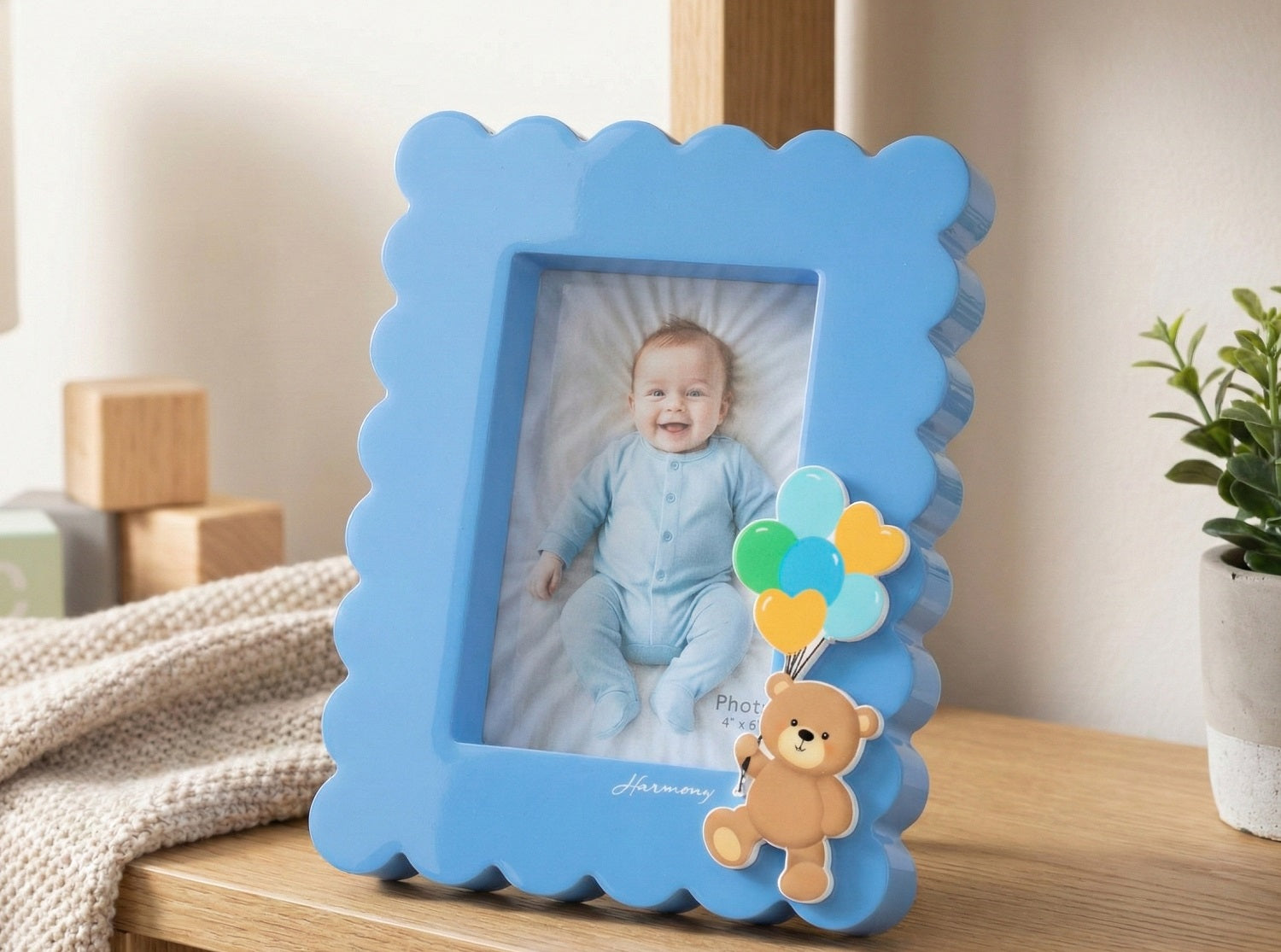 Porta foto blu bimbo con orsetto bomboniera per nascita, battesimo, Harmony ARNB26051
