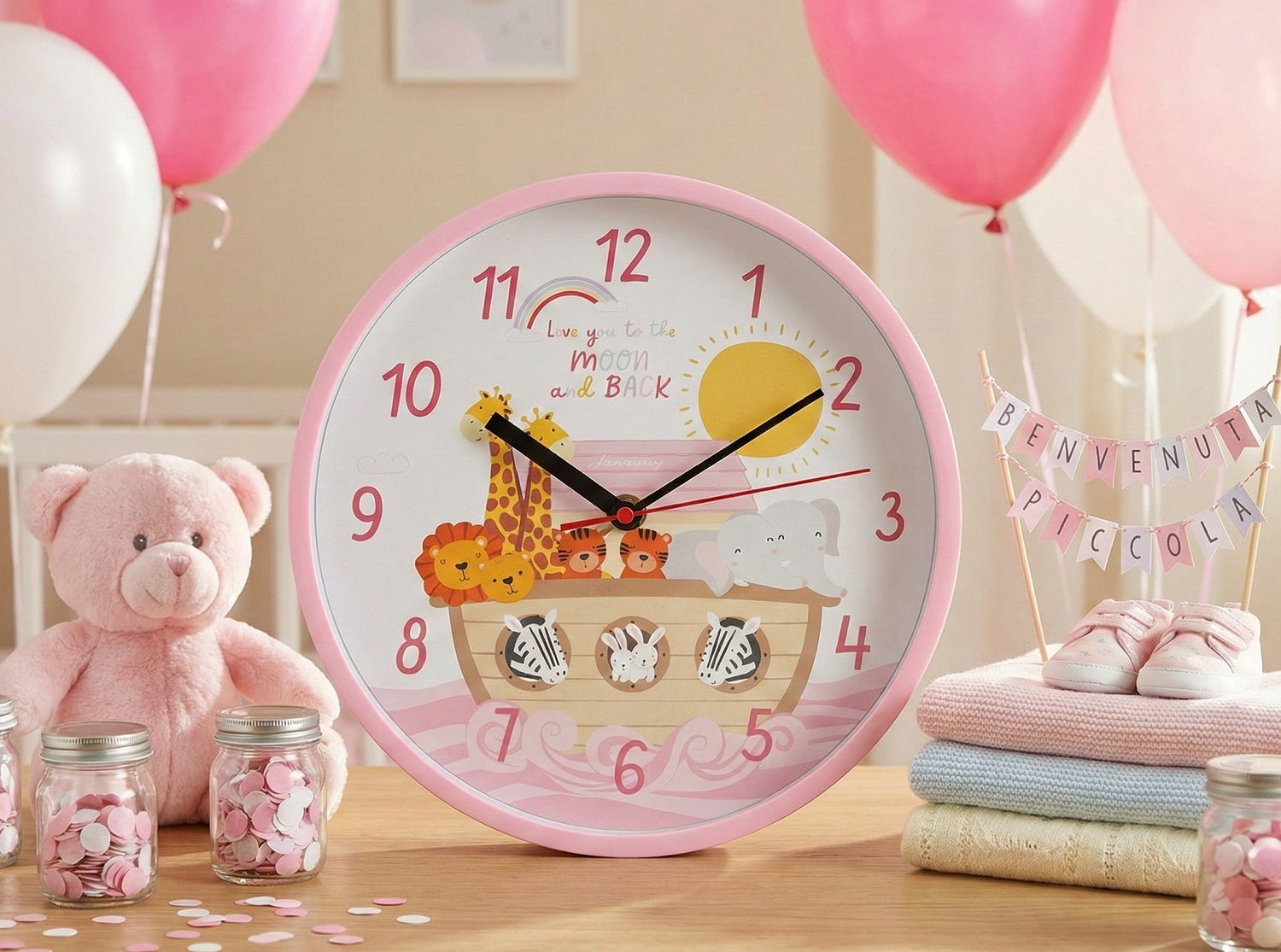 Orologio rosa per bimba arca di noè bomboniera per nascita, battesimo, Harmony ARNB26054