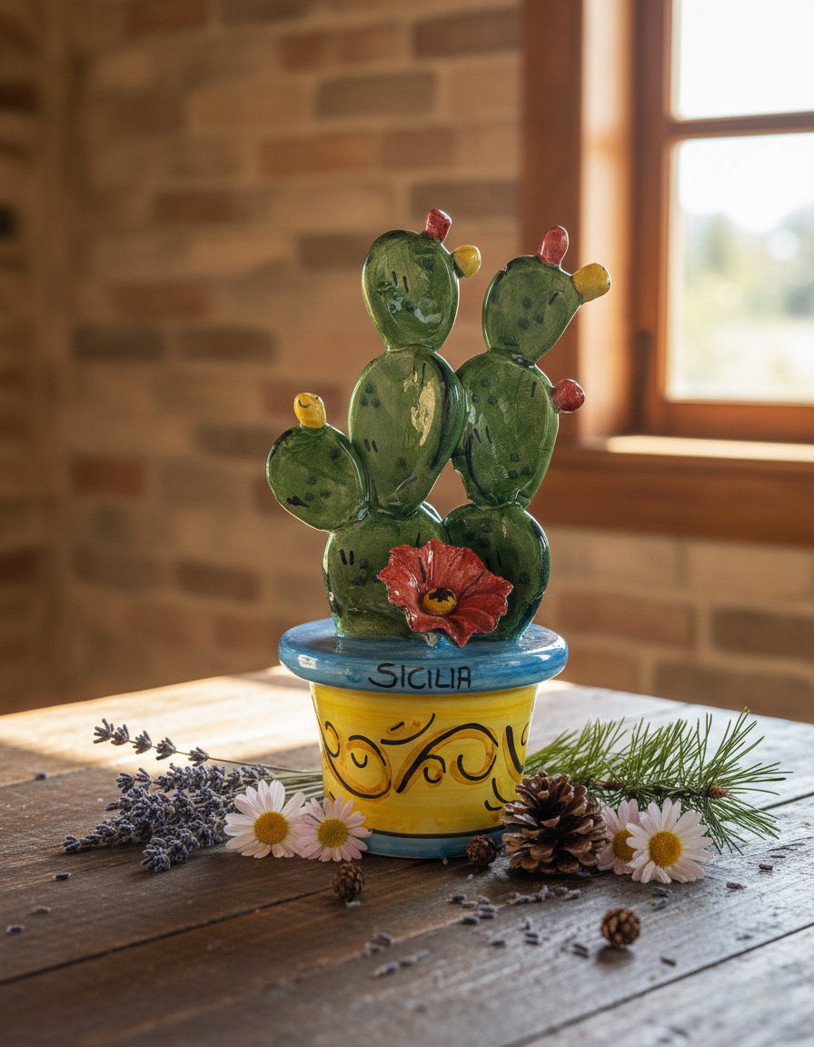 Piantina vaso ficodindia decorativo in ceramica di Caltagione realizzato a mano art. azzurro