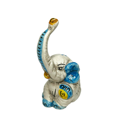 Elefante in ceramica di Caltagione realizzato a mano, animali portafortuna (azzurro)