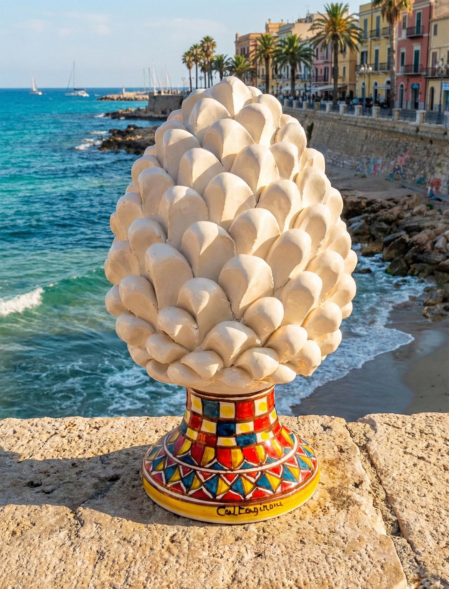 Pigna decorativa in ceramica di Caltagirone dipinta e decorata a mano bianca dec H 25 cm
