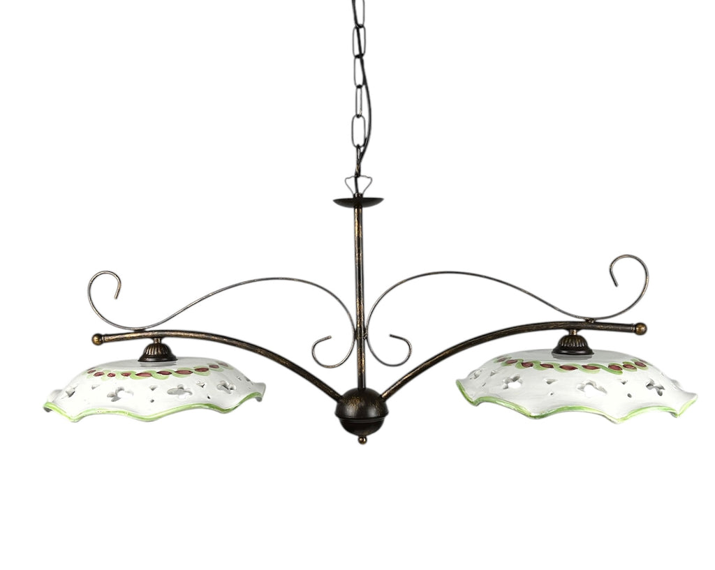Lampadario a bilanciere 2 luci in ferro battuto e ceramica realizzato e decorato artigianalmente soggiorno cucina art. melograno