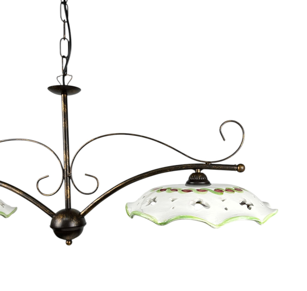 Lampadario a bilanciere 2 luci in ferro battuto e ceramica realizzato e decorato artigianalmente soggiorno cucina art. melograno