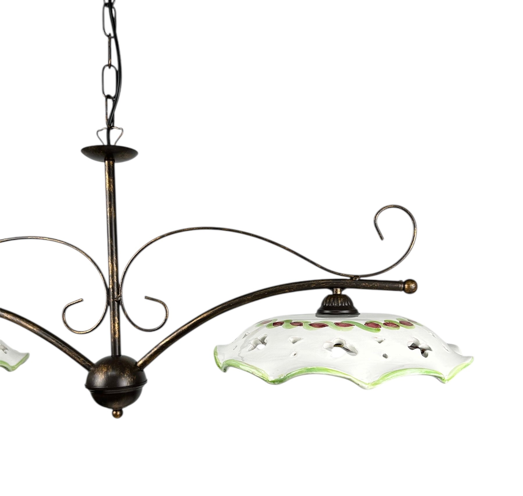 Lampadario a bilanciere 2 luci in ferro battuto e ceramica realizzato e decorato artigianalmente soggiorno cucina art. melograno