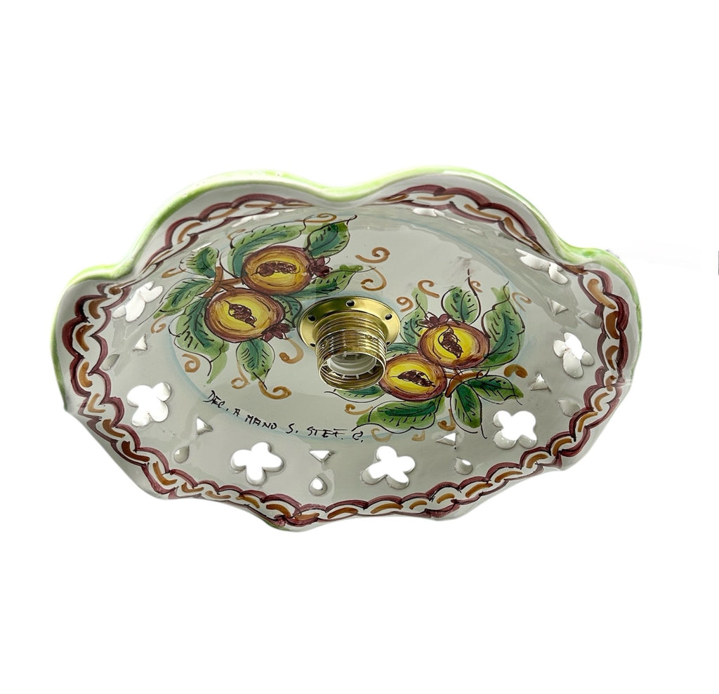 Lampadario a bilanciere 2 luci in ferro battuto e ceramica realizzato e decorato artigianalmente soggiorno cucina art. melograno