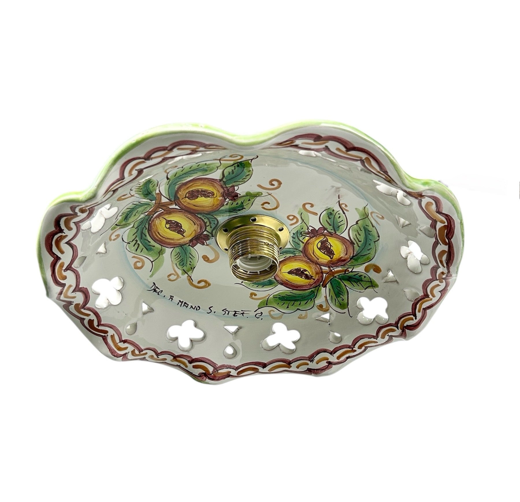 Lampadario a bilanciere 2 luci in ferro battuto e ceramica realizzato e decorato artigianalmente soggiorno cucina art. melograno