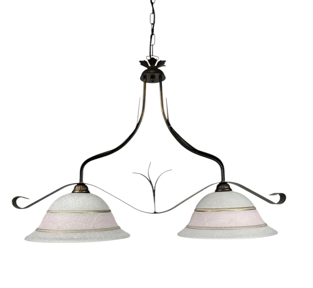 Lampadario a bilanciere 2 luci in ferro battuto e vetro realizzato e decorato artigianalmente soggiorno cucina art. corona rosa