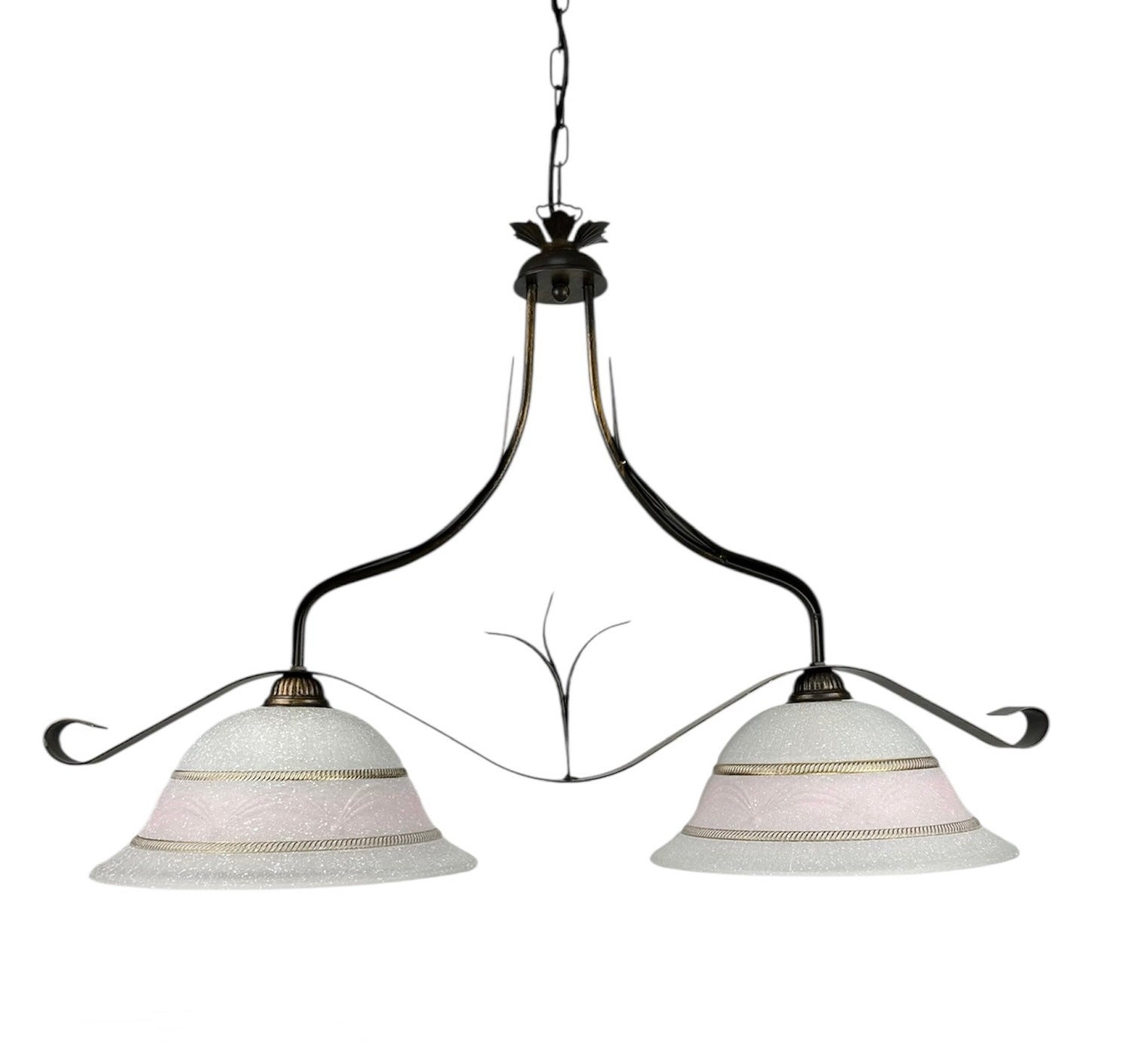 Lampadario a bilanciere 2 luci in ferro battuto e vetro realizzato e decorato artigianalmente soggiorno cucina art. corona rosa